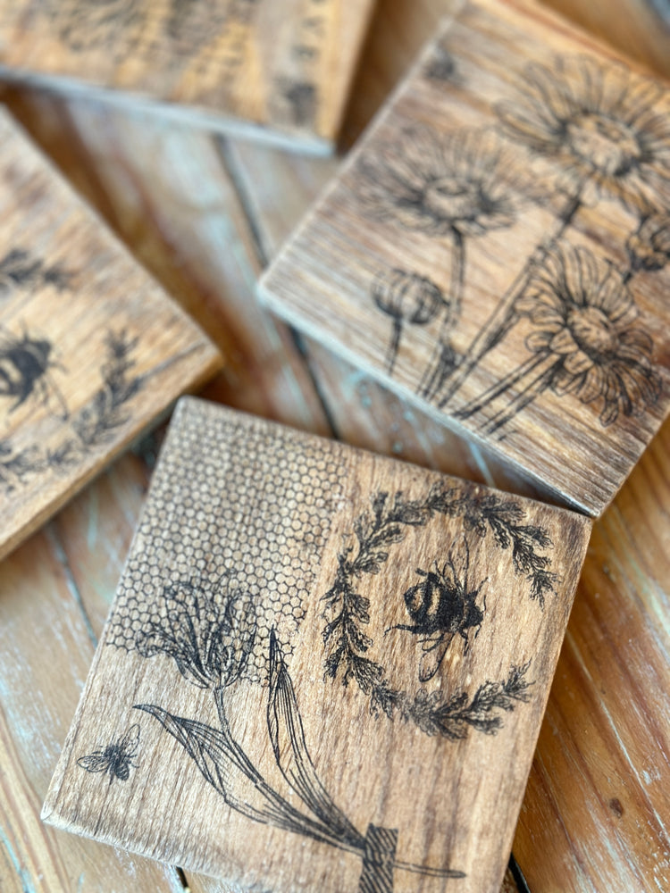 Rustic Bee & Sunflower Wooden Coaster Set - 4 Piece
