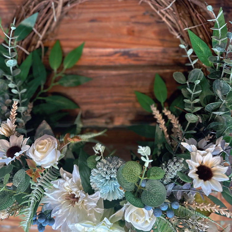 Twinkling Blue Hue Botanical Farmhouse Wreath.