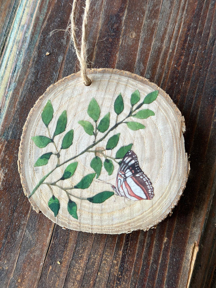 Handcrafted Wood Slice Wreath Ornament with Butterfly Design