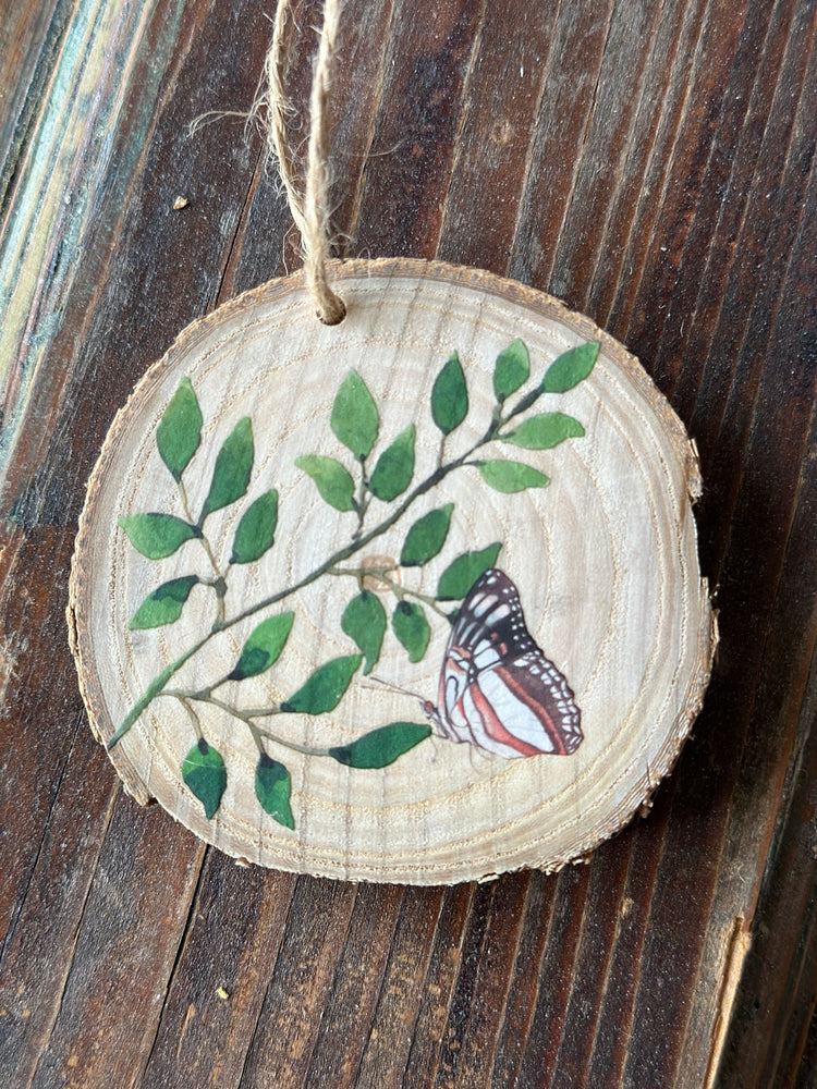 Handcrafted Wood Slice Wreath Ornament with Butterfly Design