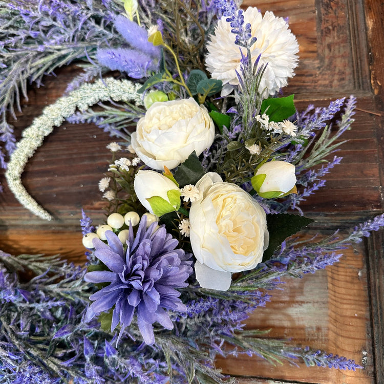 Lavender and White Peony Farmhouse Floral Wreath | 16 inches