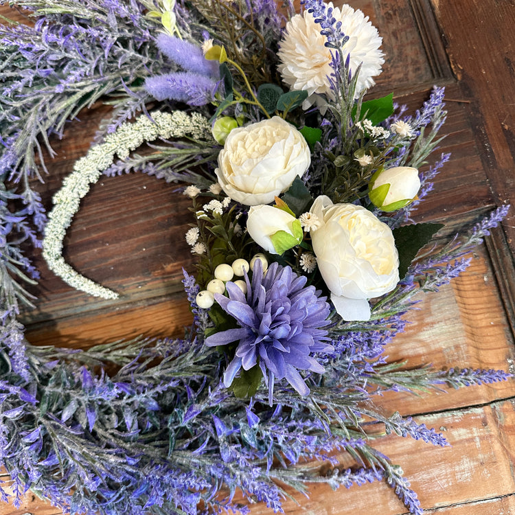 Lavender and White Peony Farmhouse Floral Wreath | 16 inches