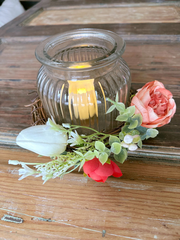 LED Candle Holder with Peach Peonies and White Tulip