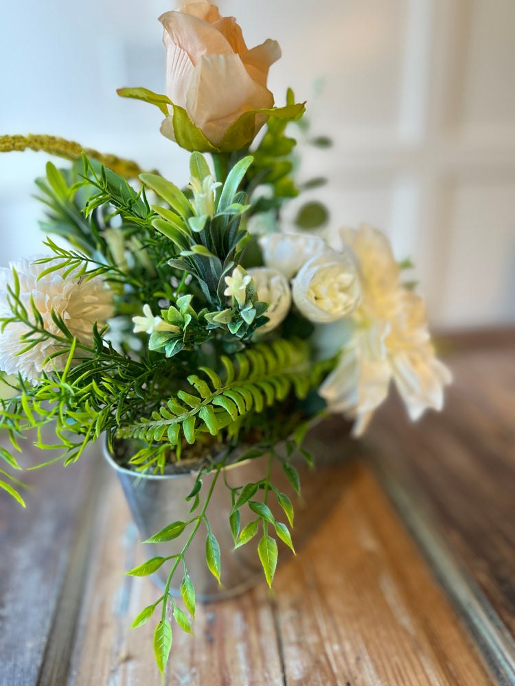 Farmhouse Metal Planter with Peach & White Spring Florals