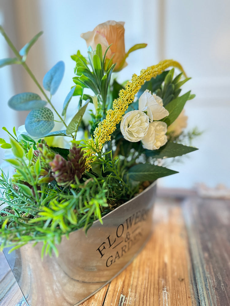 Farmhouse Metal Planter with Peach & White Spring Florals