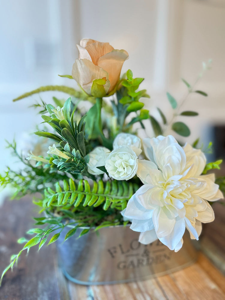 Farmhouse Metal Planter with Peach & White Spring Florals