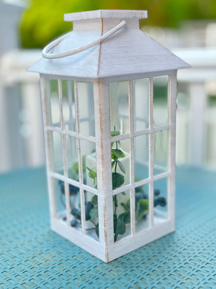 Solar Powered White Lantern with Faux Candle and Artificial Eucalyptus