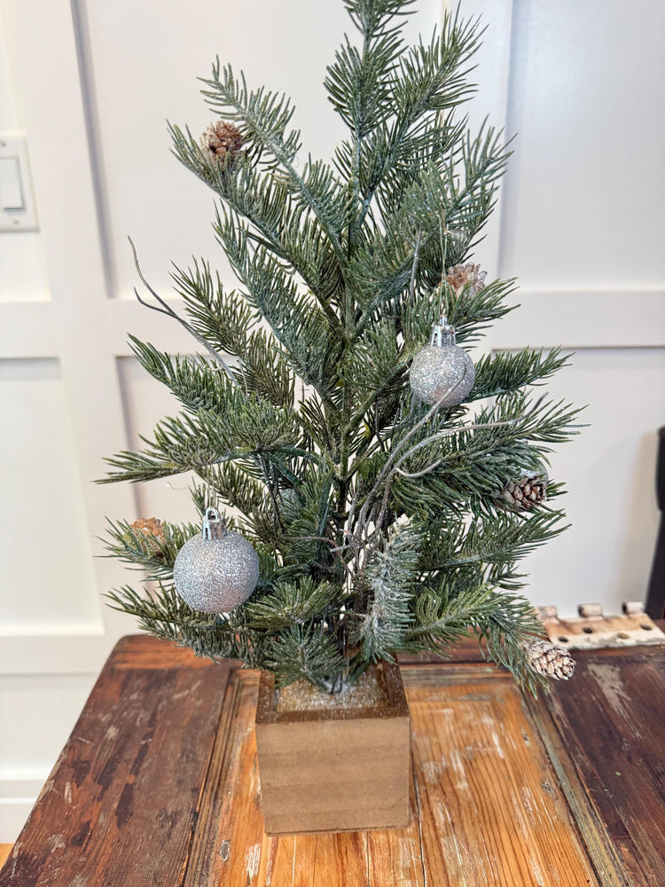 Mini Christmas Tree in Wood Box | Frosted Pine & Pinecones | Silver Ornaments | Tabletop Holiday Decor