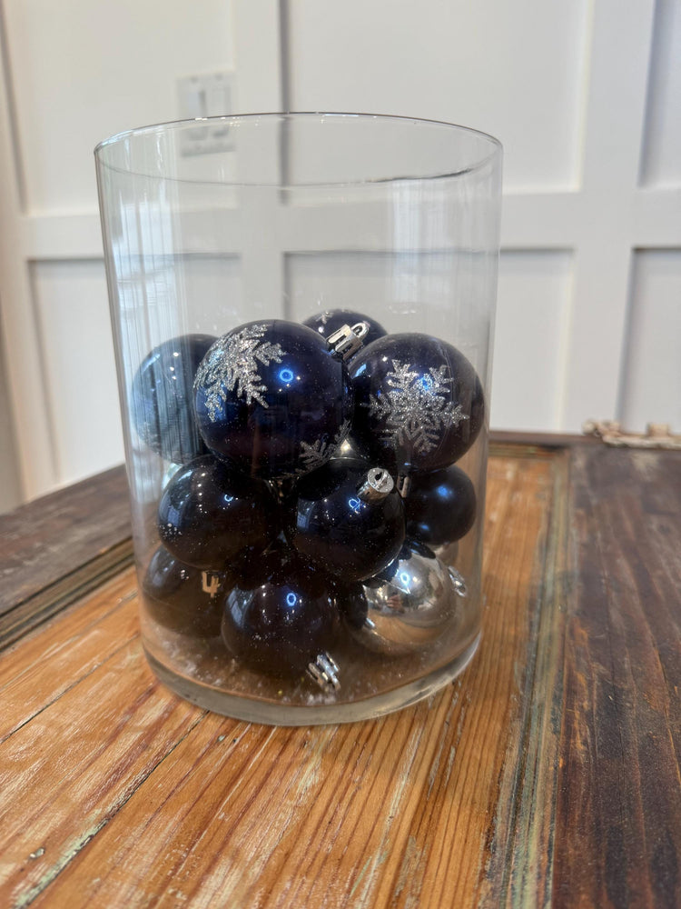 Navy & Silver Ornament Glass Vase Centerpiece | Snowflake Baubles | Modern Christmas Table Decor