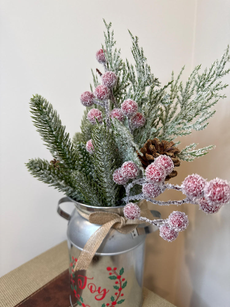 Joy Christmas Milk Can Arrangement | Frosted Greenery & Pink Berries | Farmhouse Holiday Table Decor