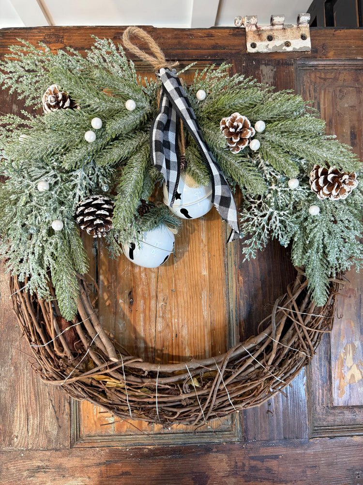 Rustic Christmas Wreath | Frosted Pine, Jingle Bells, Plaid Bow