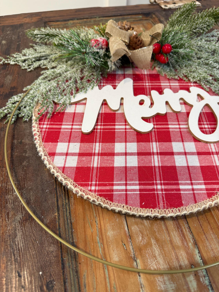 Merry Christmas Hoop Wreath | Red Plaid, Frosted Greenery & Burlap Bow