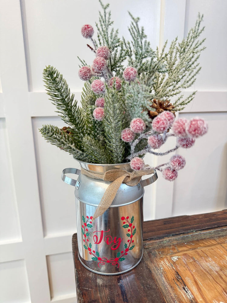 Joy Christmas Milk Can Arrangement | Frosted Greenery & Pink Berries | Farmhouse Holiday Table Decor