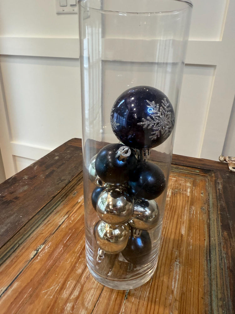 Navy & Silver Ornament Glass Vase Centerpiece | Tall Vase | Snowflake Christmas Table Decor