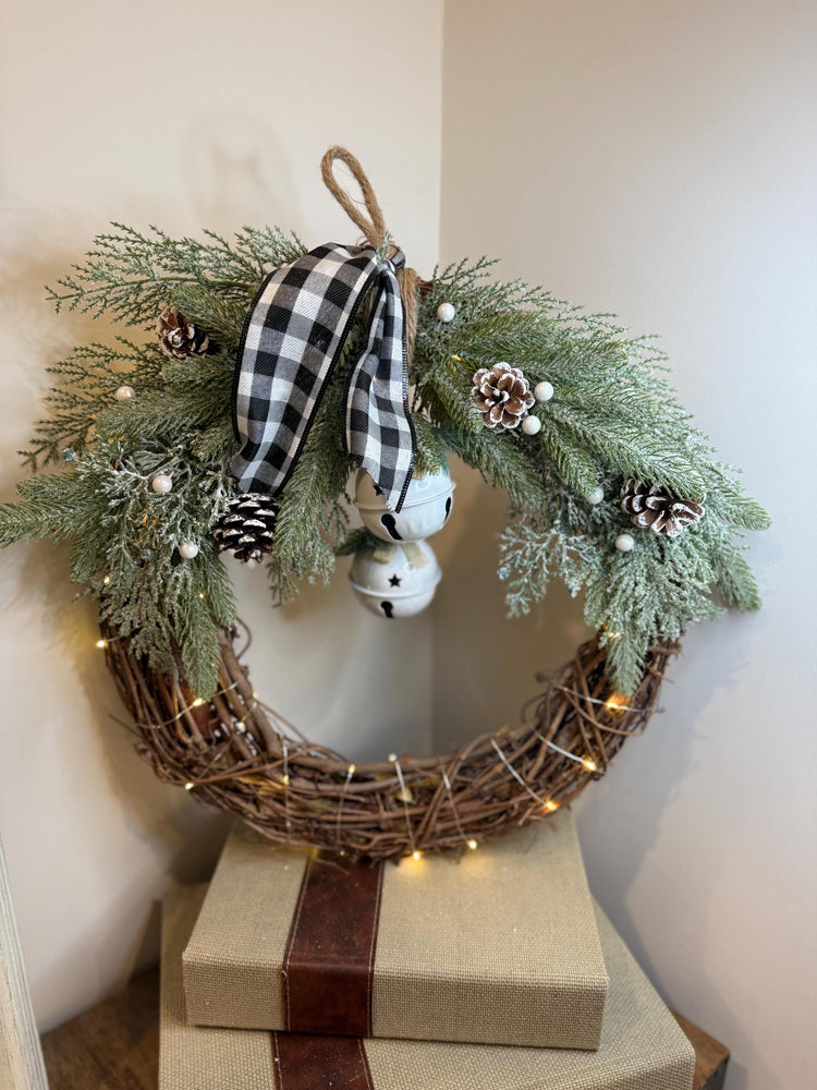 Rustic Christmas Wreath | Frosted Pine, Jingle Bells, Plaid Bow