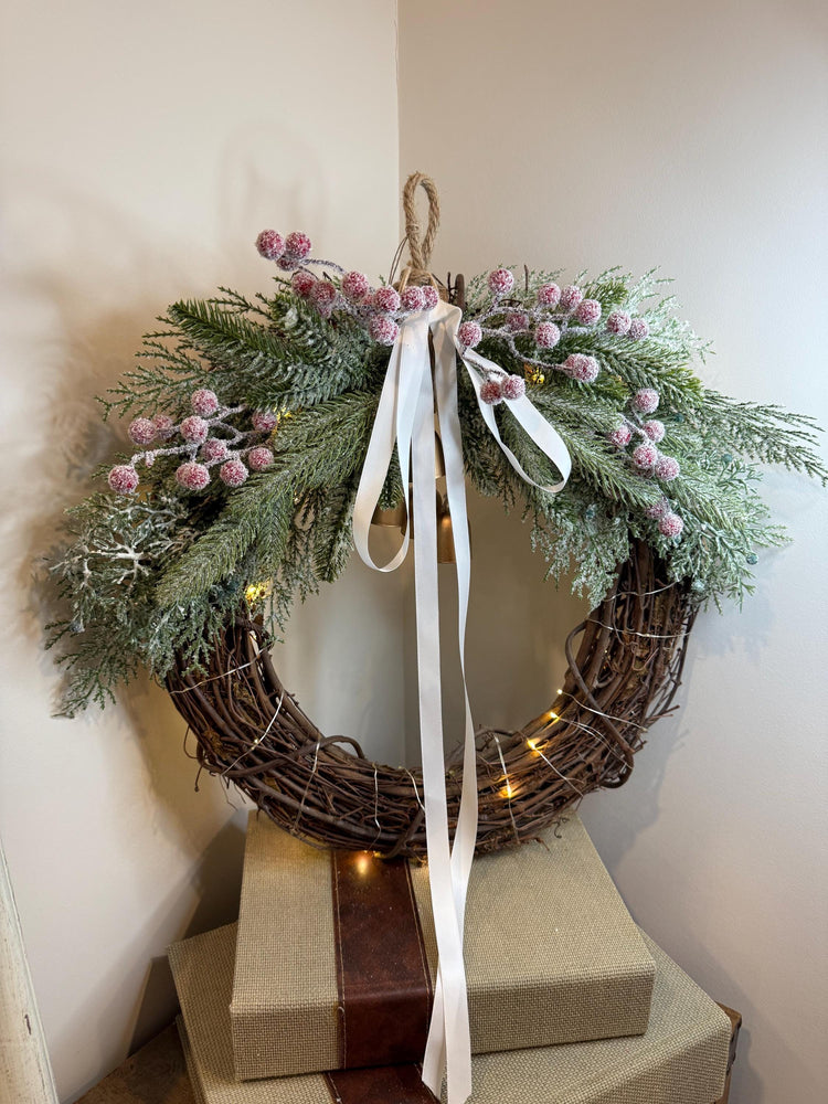 Lighted Christmas Wreath | Golden Bells, Snowy Pine & White Ribbon