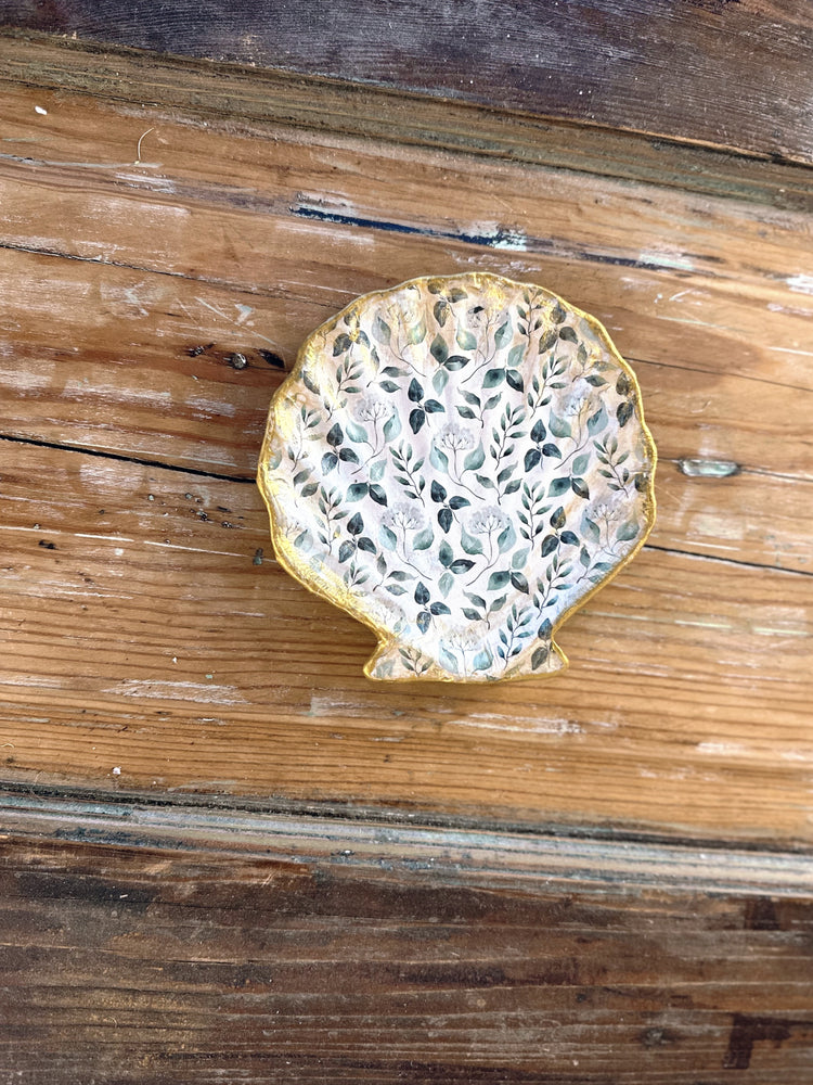 Antique Green Floral Seashell Jewelry Dish