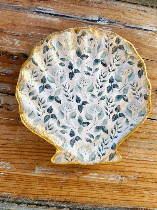 Antique Green Floral Seashell Jewelry Dish