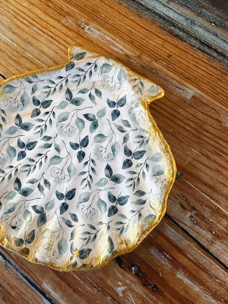 Antique Green Floral Seashell Jewelry Dish