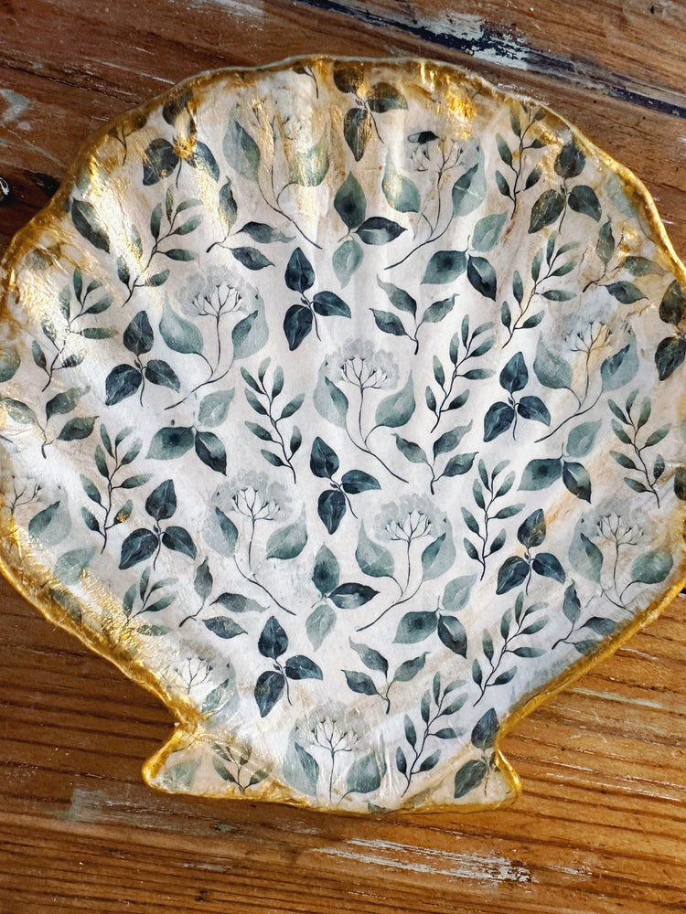 Antique Green Floral Seashell Jewelry Dish