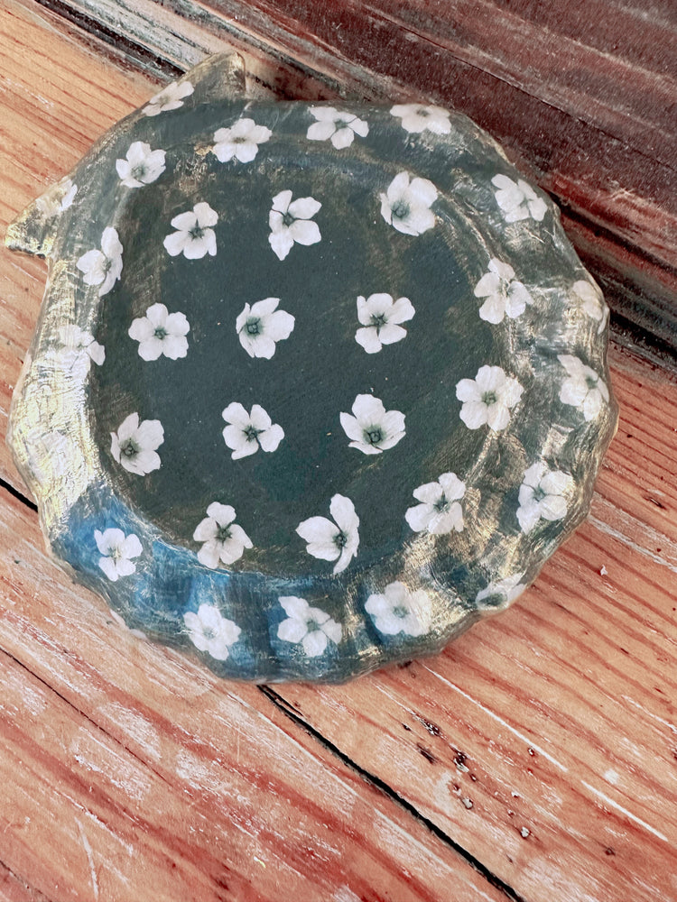 Antique Green Floral Seashell Jewelry Dish