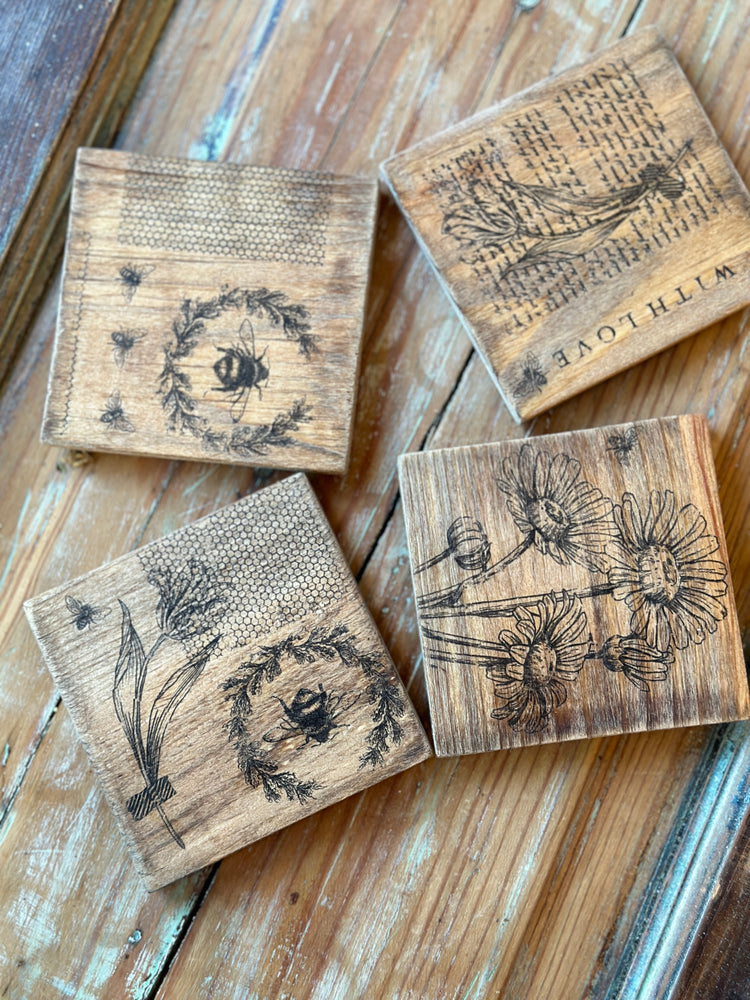 Rustic Bee & Sunflower Wooden Coaster Set - 4 Piece