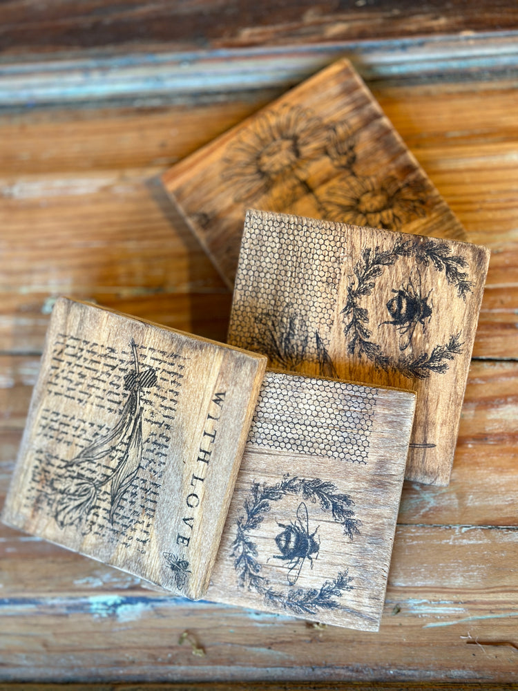 Rustic Bee & Sunflower Wooden Coaster Set - 4 Piece