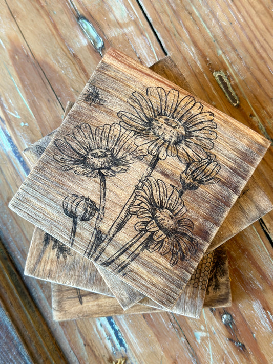 Rustic Bee & Sunflower Wooden Coaster Set - 4 Piece