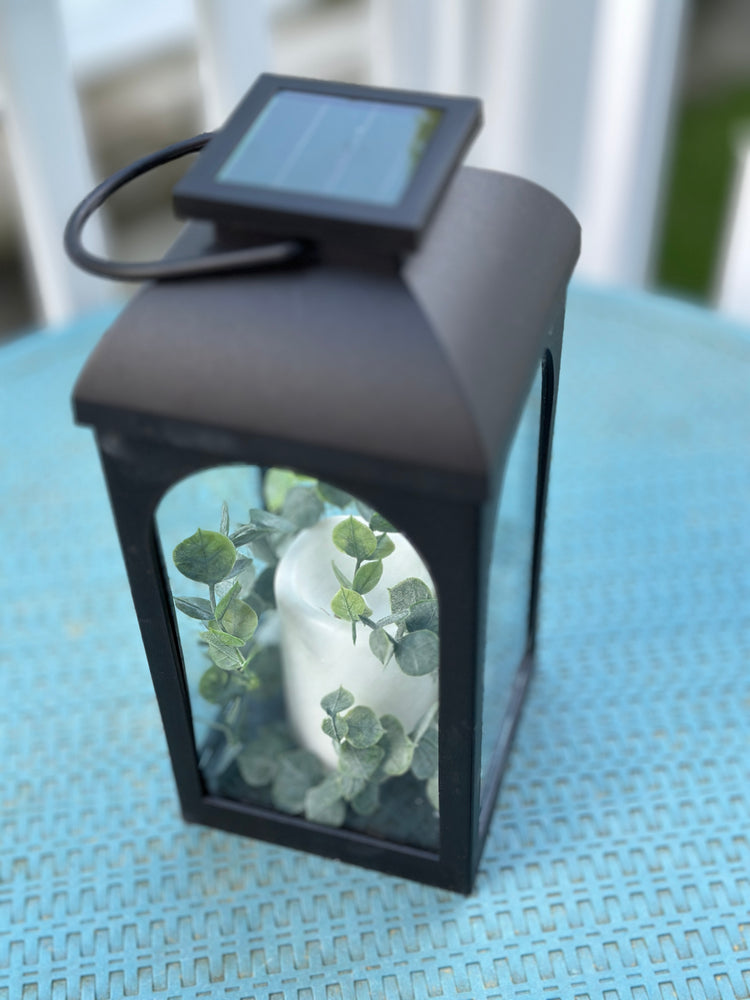 Solar Powered Black Lantern with Faux Candle and Artificial Eucalyptus