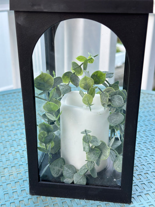 Solar Powered Black Lantern with Faux Candle and Artificial Eucalyptus