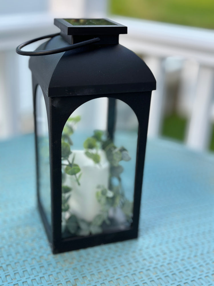 Solar Powered Black Lantern with Faux Candle and Artificial Eucalyptus