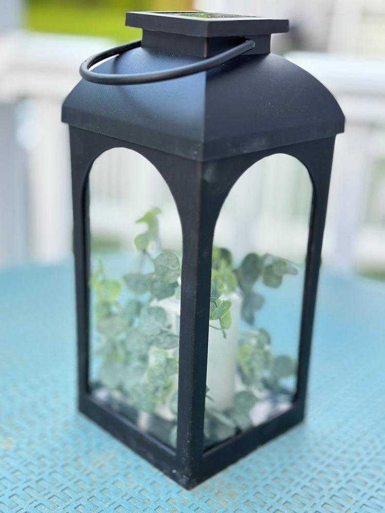 Solar Powered Black Lantern with Faux Candle and Artificial Eucalyptus