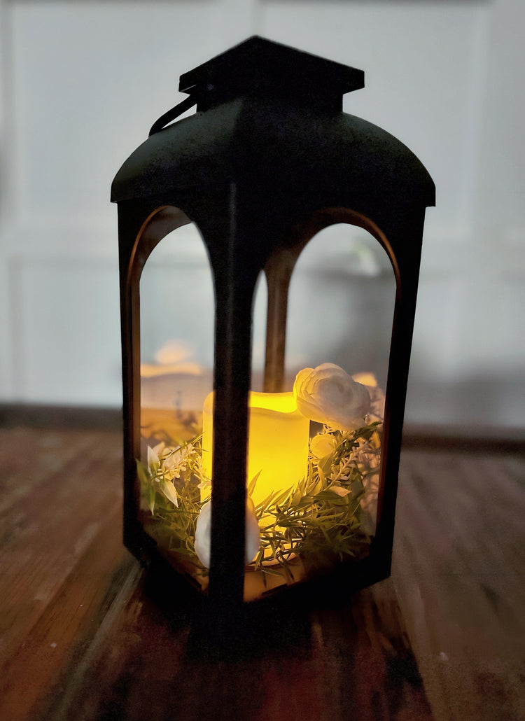 Solar LED Candle Lantern with White Ranunculus and Spring Greens