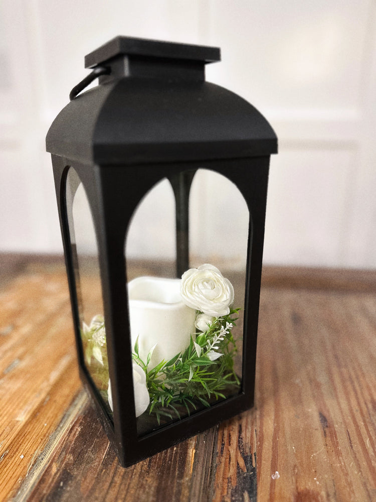 Solar LED Candle Lantern with White Ranunculus and Spring Greens