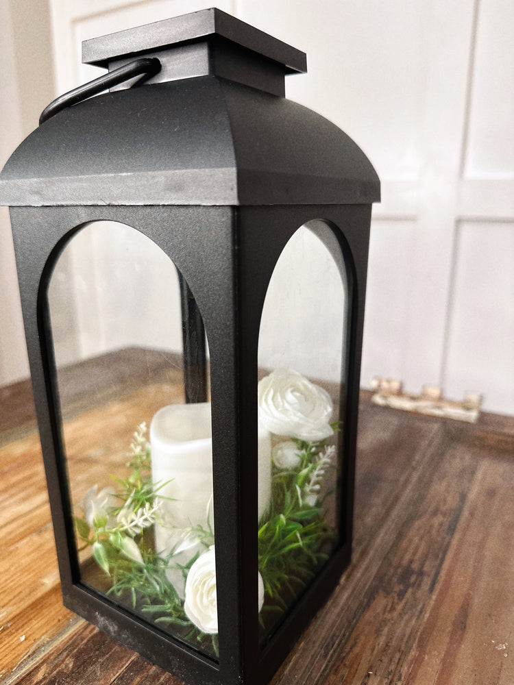 Solar LED Candle Lantern with White Ranunculus and Spring Greens