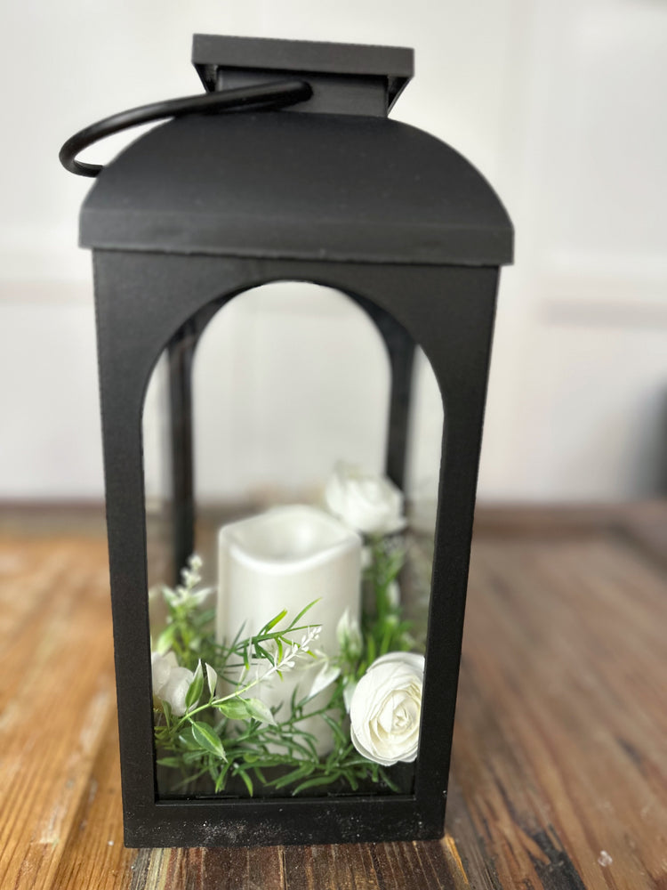 Solar LED Candle Lantern with White Ranunculus and Spring Greens