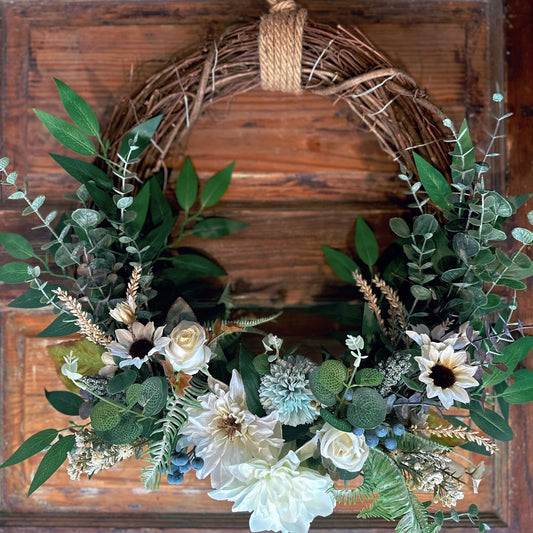 Twinkling Blue Hue Botanical Farmhouse Wreath.