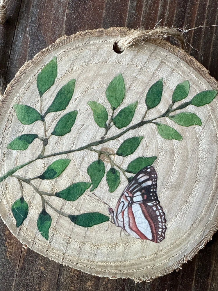 Handcrafted Wood Slice Wreath Ornament with Butterfly Design