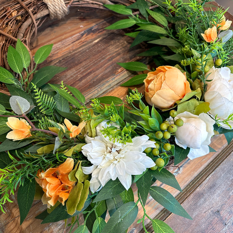 Rustic Grapevine Wreath with Lush Greenery, Orange and Cream Peonies