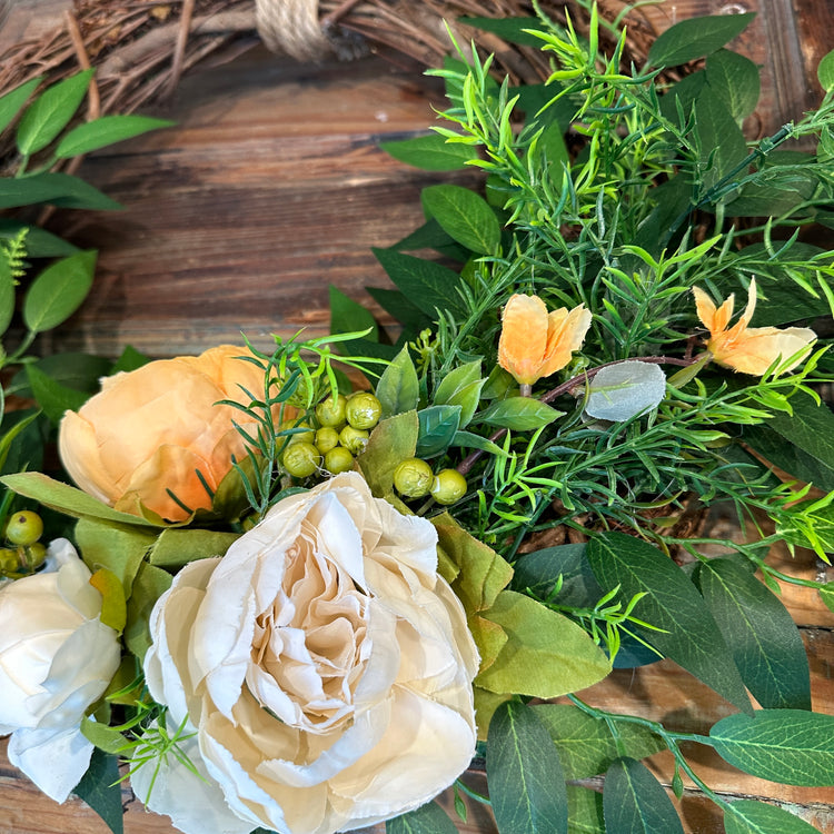 Rustic Grapevine Wreath with Lush Greenery, Orange and Cream Peonies