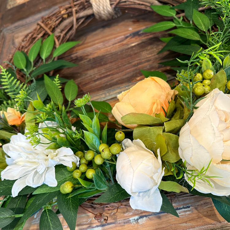 Rustic Grapevine Wreath with Lush Greenery, Orange and Cream Peonies