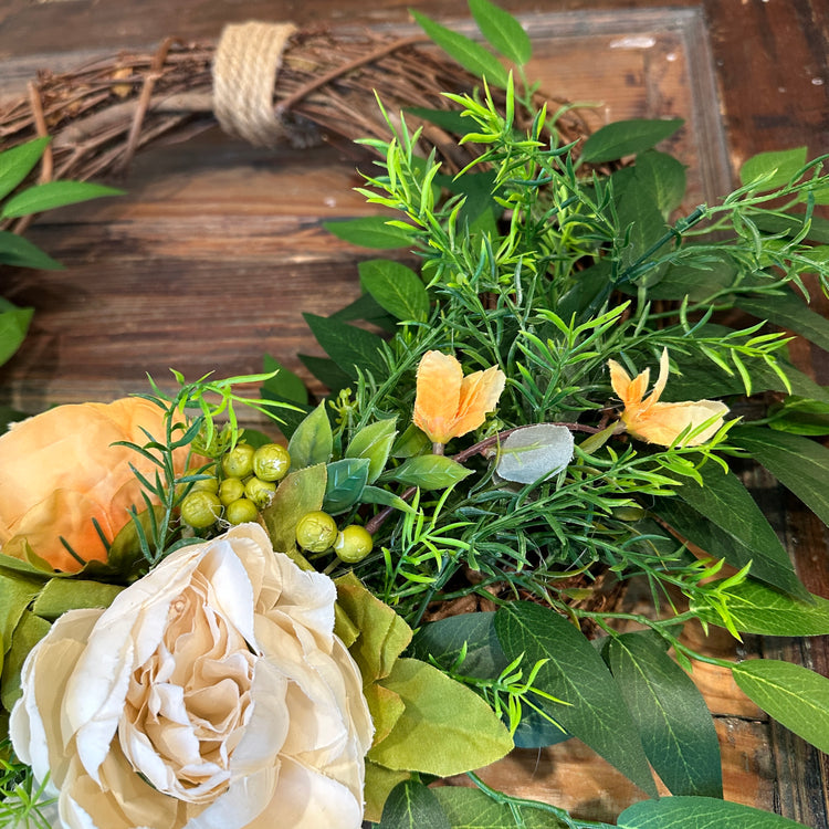 Rustic Grapevine Wreath with Lush Greenery, Orange and Cream Peonies