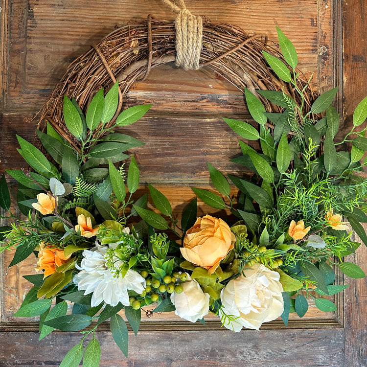 Rustic Grapevine Wreath with Lush Greenery, Orange and Cream Peonies