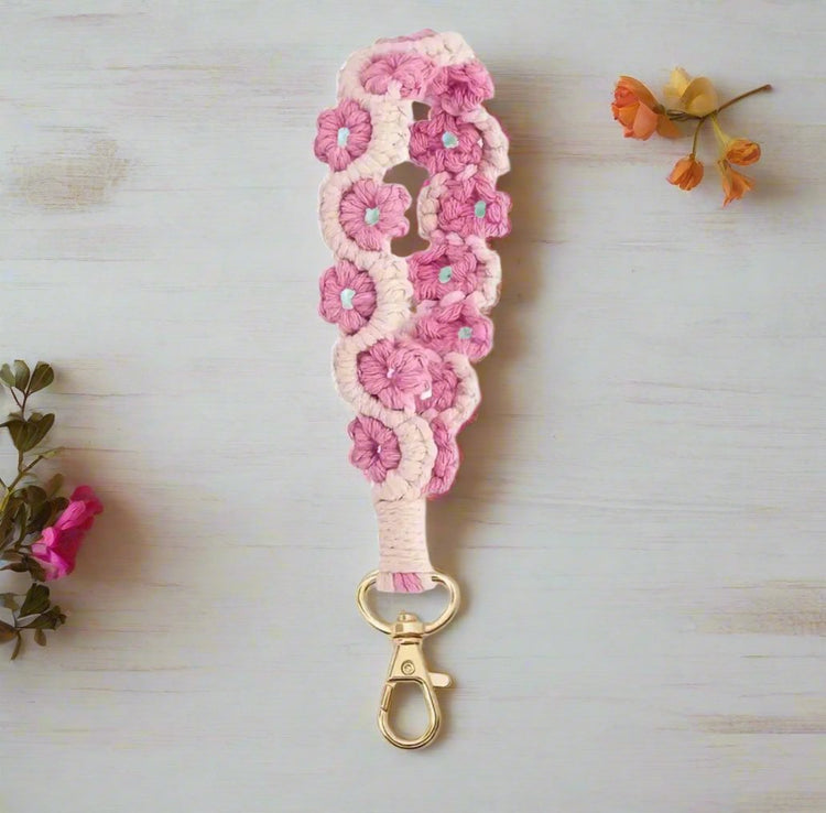 Flower Macrame Wristlet Keychain and Cell Phone Accessory