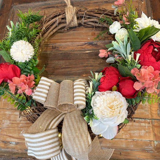 Lighted Fall Fuchsia Floral Wreath with Burlap Bow