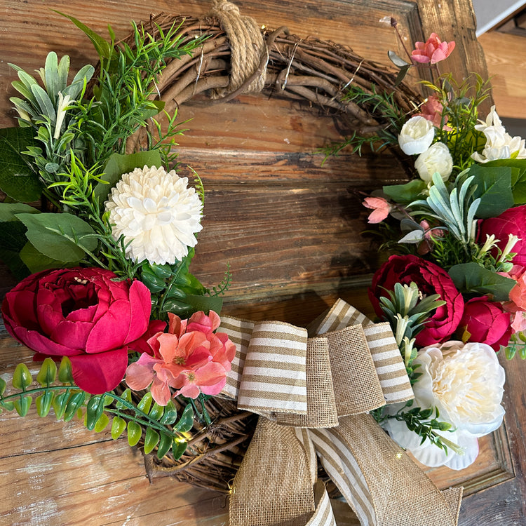 Lighted Fall Fuchsia Floral Wreath with Burlap Bow