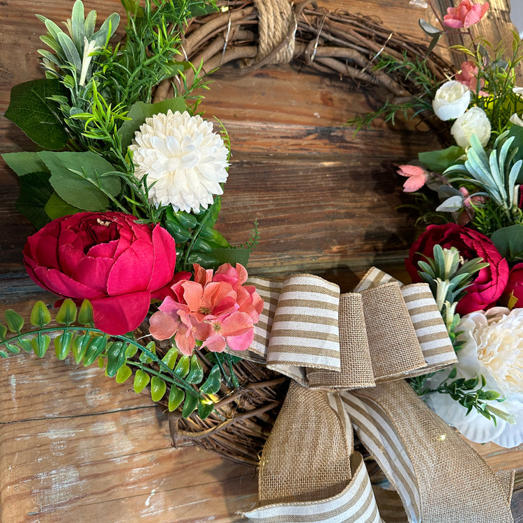 Lighted Fall Fuchsia Floral Wreath with Burlap Bow