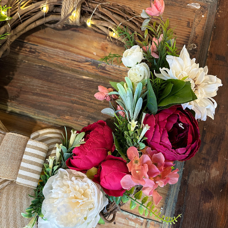 Lighted Fall Fuchsia Floral Wreath with Burlap Bow