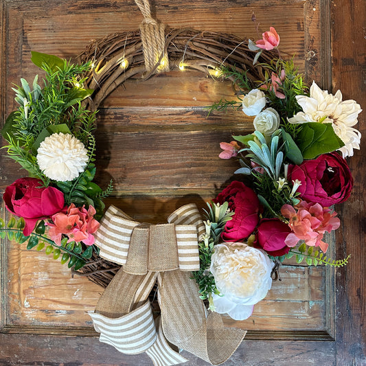 Lighted Fall Fuchsia Floral Wreath with Burlap Bow