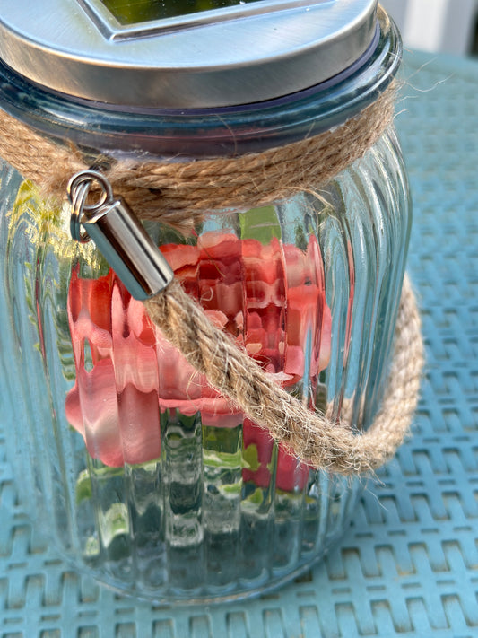 Solar Powered Glass Lantern with Faux Peach Peony Flowers